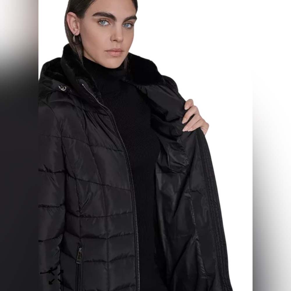 Women Calvin Klein Hooded Stand Collar Long Puffer Coat Black Medium MSRP $285 - Picture 3 of 16